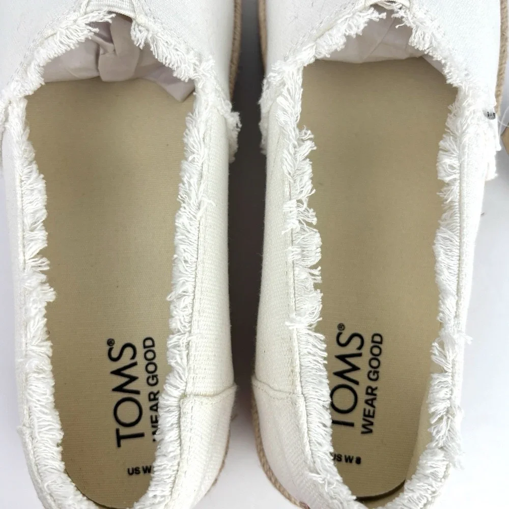 TOMS Valencia Platform Espadrille Slip On White Canvas Shoes 8 NWT Coastal